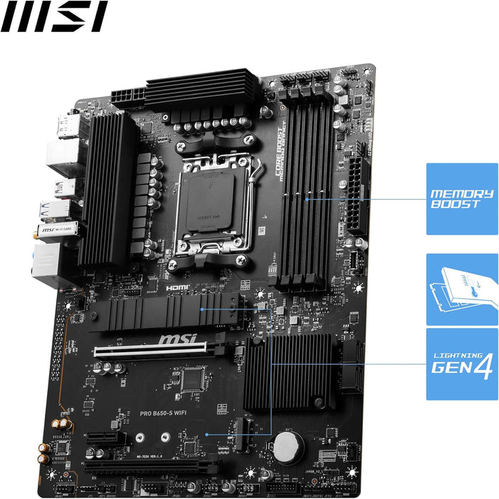 MSI Pro B650-S WiFi ATX Motherboard for Gaming, AMD AM5 7th Gen, DDR5, HDMI, DP, LAN
