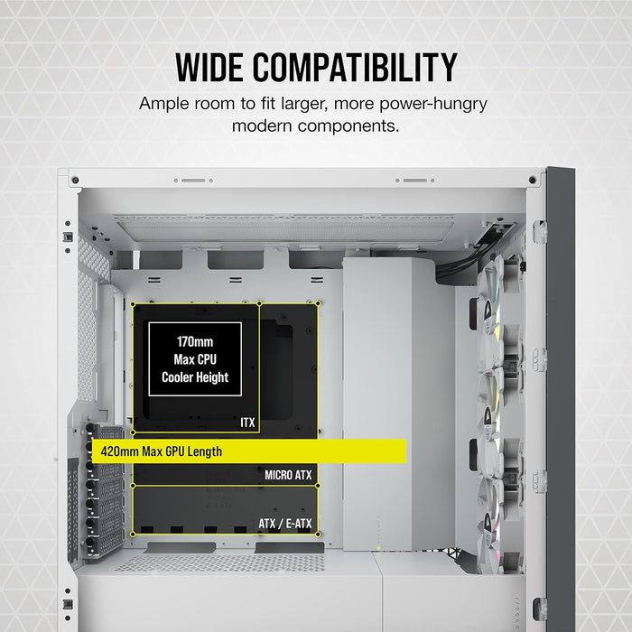 Corsair iCUE 5000X RGB Gaming PC Case Tempered Glass, E-ATX, AirGuide RGB Fans, Lighting Node CORE included, USB-C, White