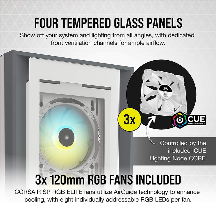 Corsair iCUE 5000X RGB Gaming PC Case Tempered Glass, E-ATX, AirGuide RGB Fans, Lighting Node CORE included, USB-C, White