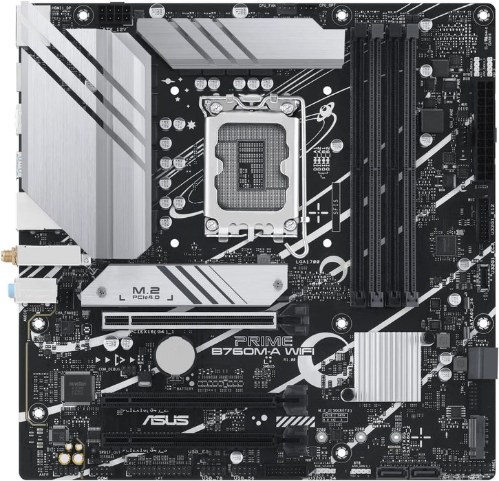Asus Prime B760M-A WiFi Gaming Motherboard, Intel B760, 1700, Micro ATX, DDR5, HDMI, DP, Wi-Fi 6, 2.5G LAN, PCIe4, M.2