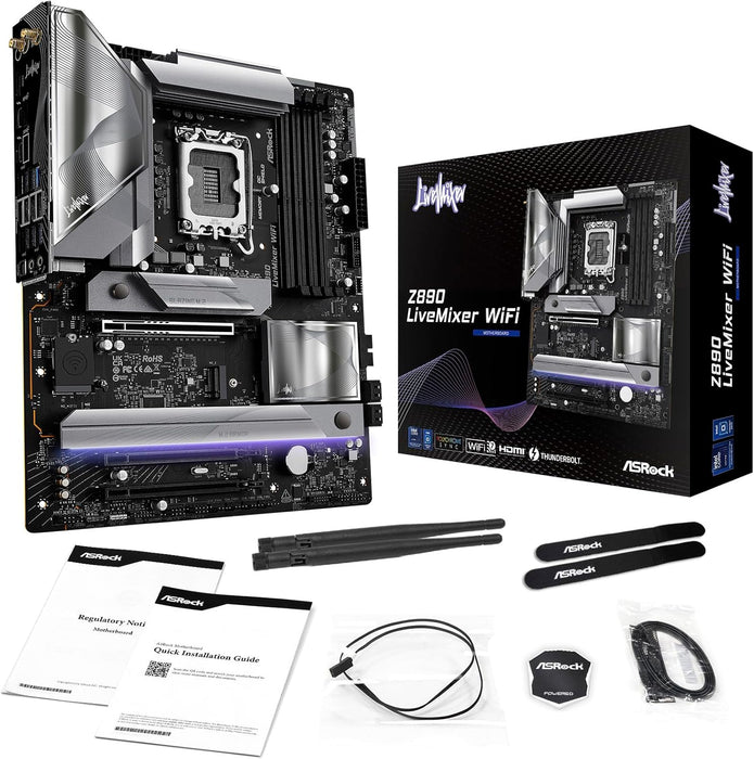 Asrock Z890 Livemixer WiFi Motherboard, Intel Z890, 1851, ATX, DDR5, HDMI, TB4, Wi-Fi 7, 2.5G LAN, RGB, M.2
