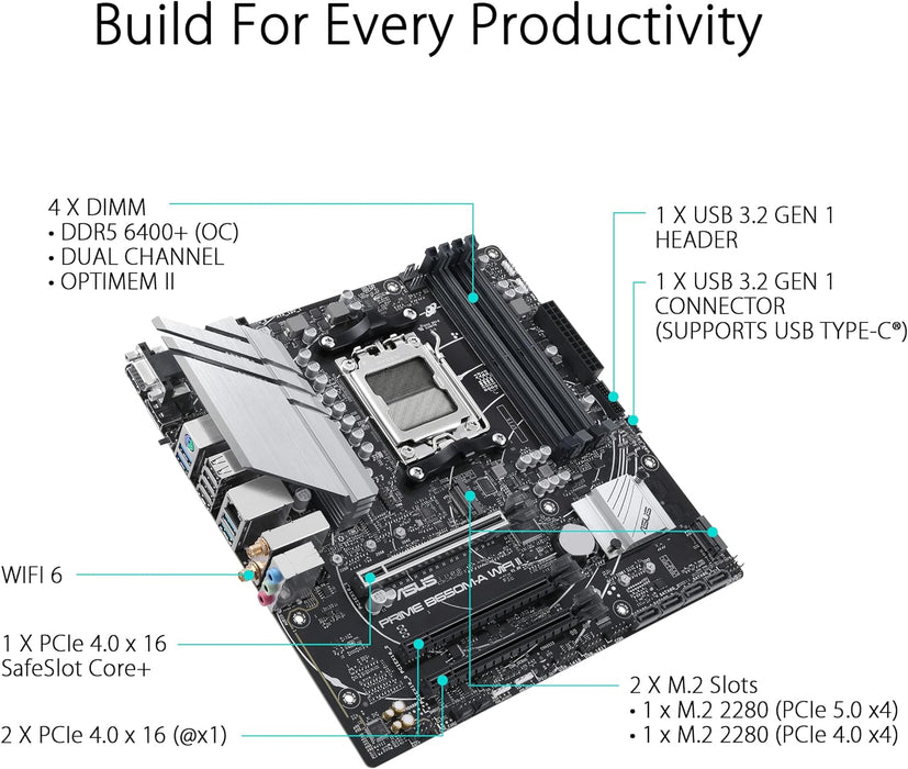 Asus Prime B650M-A WIFI II, AMD B650, AM5, Micro ATX, 4 DDR5, VGA, HDMI, DP, Wi-Fi 6, 2.5G LAN, PCIe4, 2x M.2