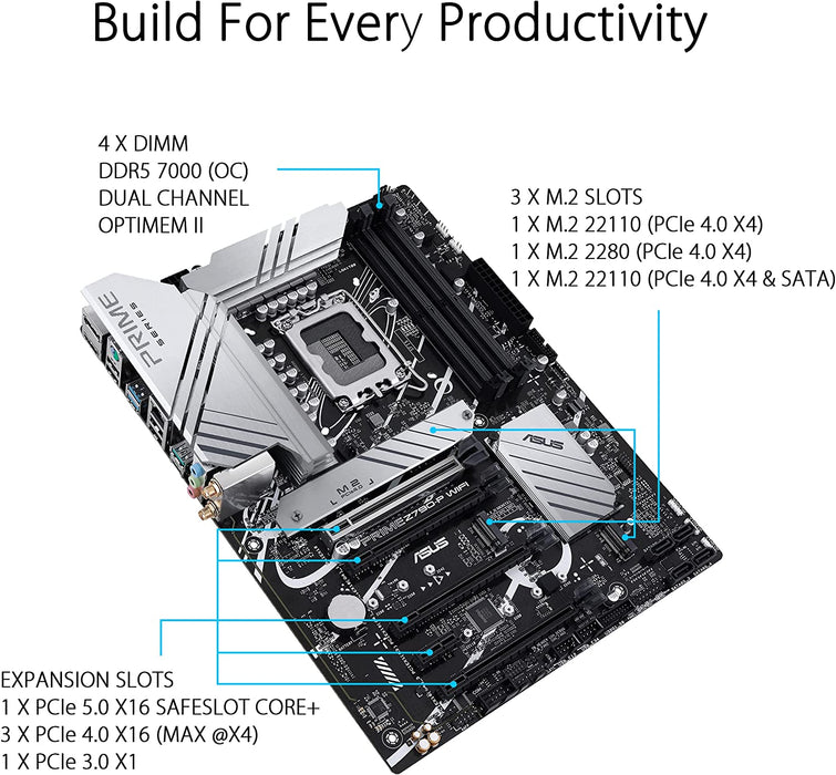 Asus PRIME Z790-P WIFI Motherboard, Intel Z790, 1700, ATX, 4 DDR5, HDMI, DP, Wi-Fi 6, 2.5G LAN, PCIe5, 3x M.2