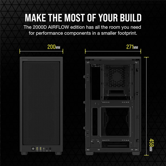 Corsair 2000D Airflow Mini ITX Gaming PC Case, Steel Mesh Panels, Up to 8x Fans, Triple-Slot GPU Support, USB-C, Requires SFX/SFX-L PSU, Black