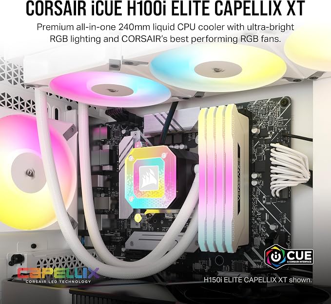 Corsair iCUE H100i ELITE CAPELLIX XT 240mm Liquid CPU Cooler – White, AF120 RGB ELITE