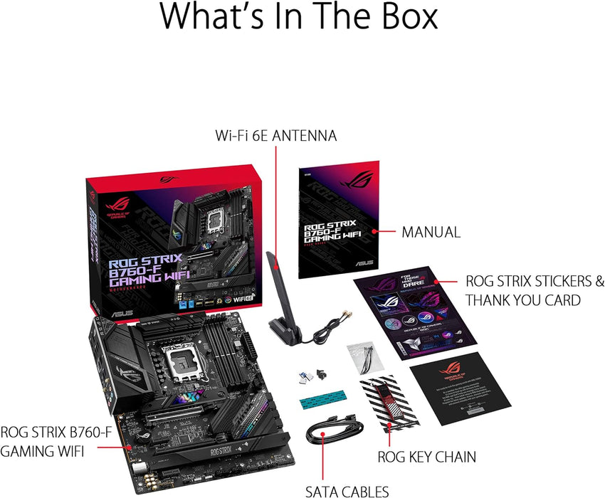 Asus ROG STRIX B760-F GAMING WIFI Motherboard, Intel B760, 1700, ATX, DDR5, Wi-Fi 6E, 2.5G LAN, PCIe5, M.2, RGB