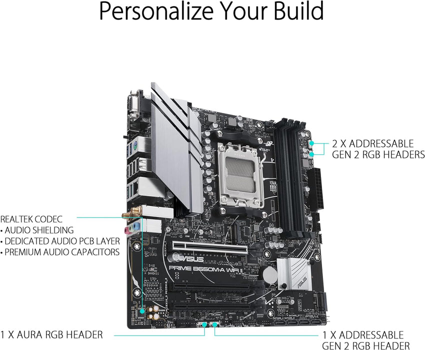 Asus Prime B650M-A WIFI II, AMD B650, AM5, Micro ATX, 4 DDR5, VGA, HDMI, DP, Wi-Fi 6, 2.5G LAN, PCIe4, 2x M.2