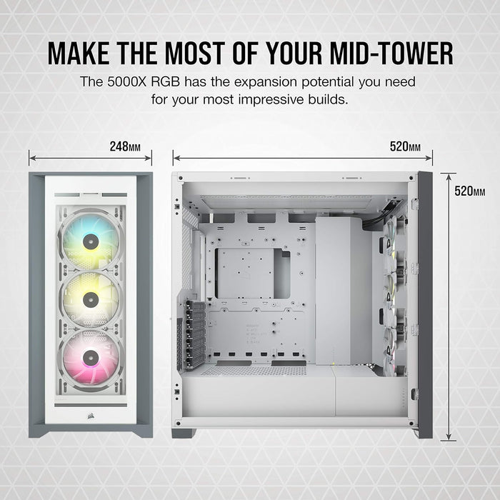 Corsair iCUE 5000X RGB Gaming PC Case Tempered Glass, E-ATX, AirGuide RGB Fans, Lighting Node, White