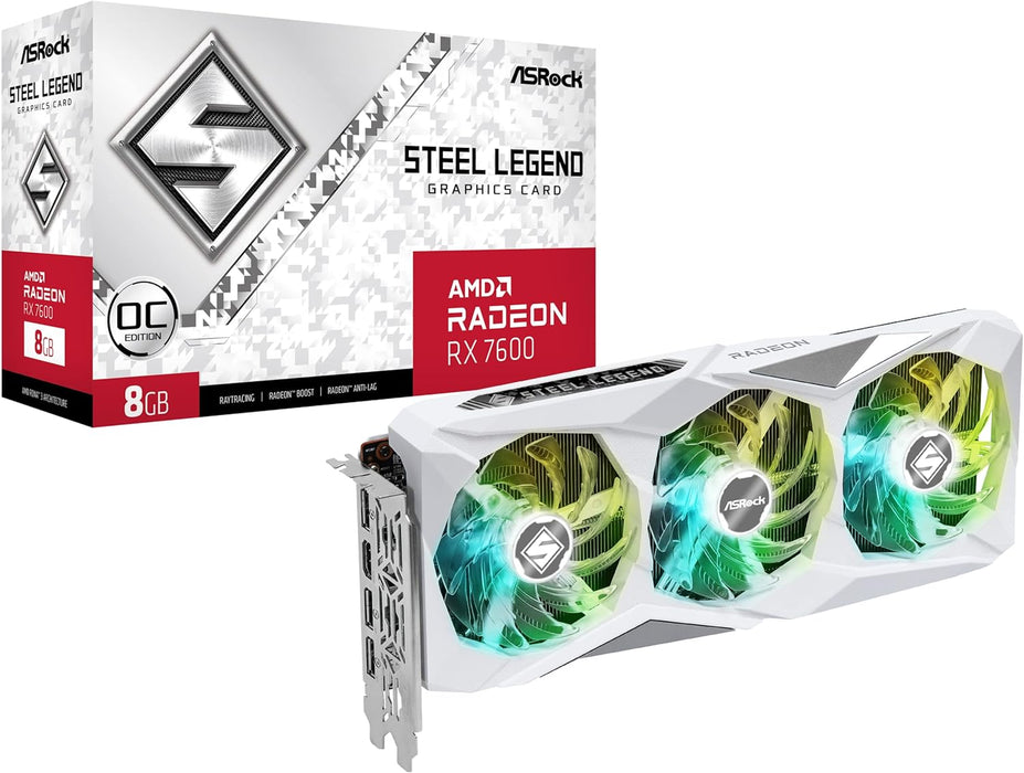 asrock rx 7600 steel legend gaming graphics card 8gb rgb white