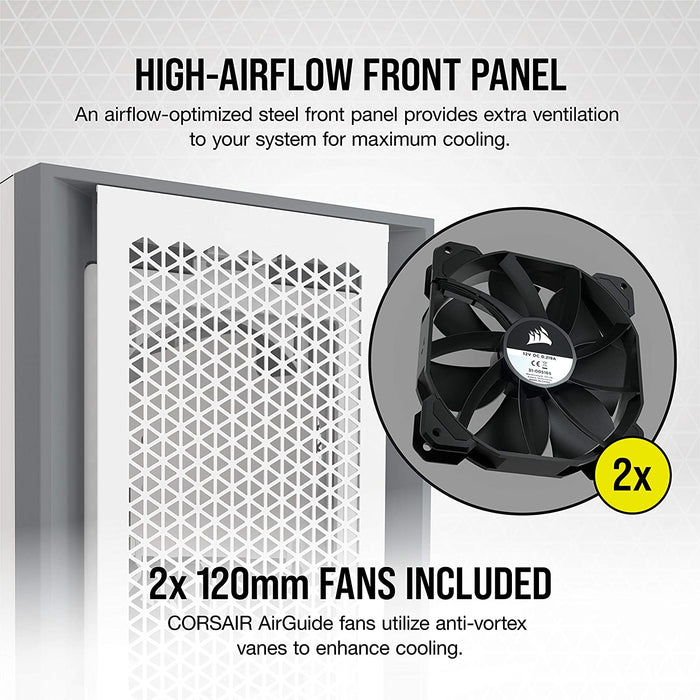 Corsair 5000D Airflow Gaming Case w/ Tempered Glass Window, E-ATX, 2 x AirGuide Fans, High-Airflow Front Panel, USB-C, White