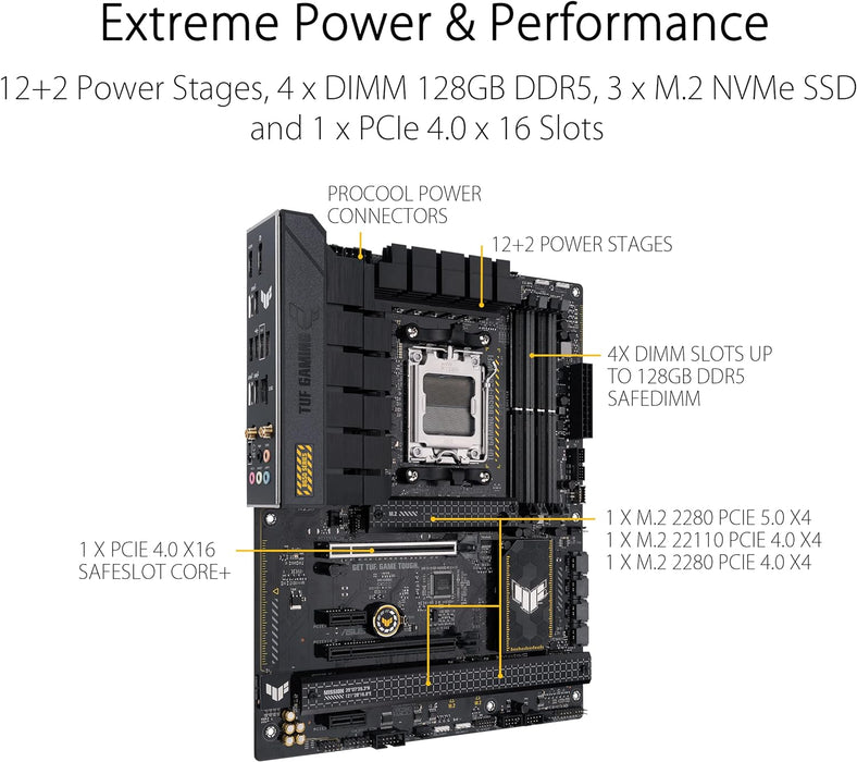 Asus Tuf Gaming B650-Plus WiFi Gaming Motherboard, AMD B650, AM5, ATX, DDR5, HDMI, DP, Wi-Fi 6, 2.5G LAN, PCIe5, M.2