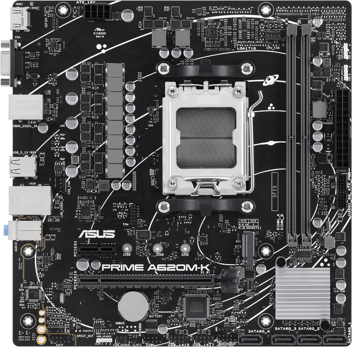 Asus Prime A620M-K Motherboard, AMD A620, AM5, Micro ATX, DDR5, VGA, HDMI, GB LAN, PCIe4, M.2