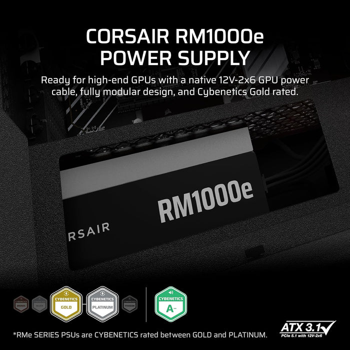 Corsair 1000W RM1000e PSU, Fully Modular, Low-Noise, Cybenetics Gold, Zero RPM Mode, Power Supply