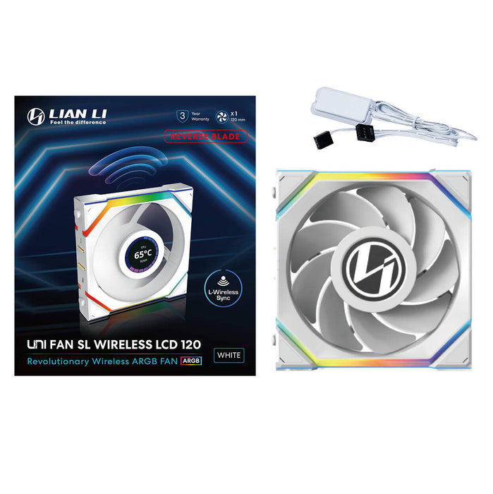 Lian Li UNI SL Wireless LCD RGB Reverse Flow 120mm Fan White – ARGB PWM with 1.6" LCD Display