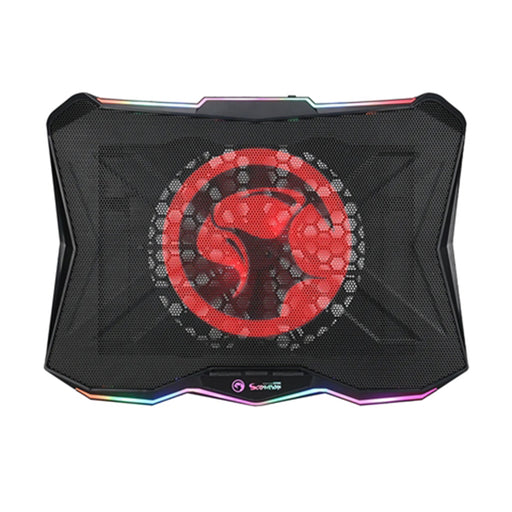Black laptop cooling pad with red logo and RGB lighting on a white background