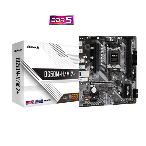 ASRock B650M‑H/M.2+ Micro‑ATX AM5 motherboard with DDR5 and dual M.2 slots.