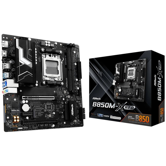 ASRock B850M‑X Micro‑ATX AM5 motherboard with DDR5, PCIe 5.0, and dual M.2 slots.