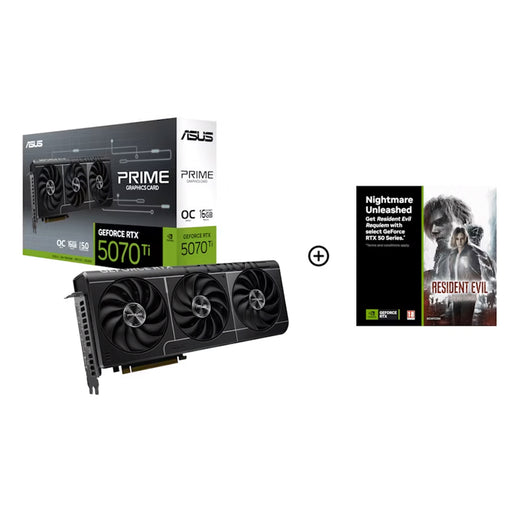 Asus GeForce RTX 5070 Ti graphics card with packaging and 'Resident Evil' game case on a white background