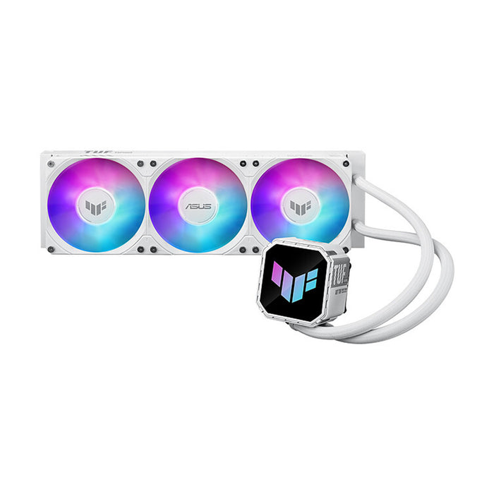 ASUS TUF Gaming LC III 360 ARGB White 360mm AIO CPU cooler with triple 120mm ARGB fans and reinforced tubing.