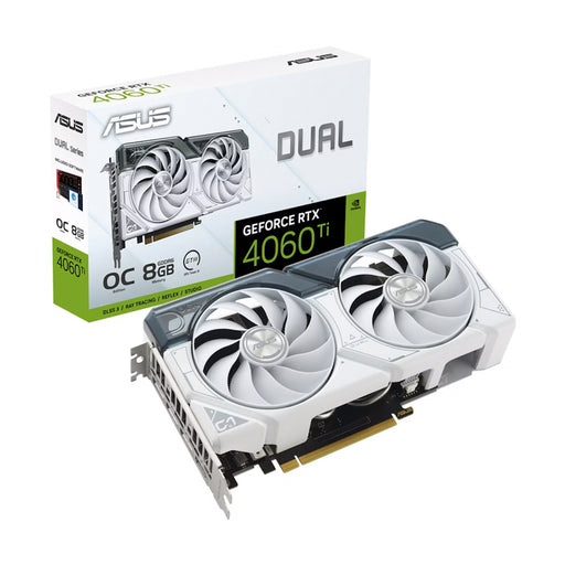 Asus GeForce RTX 4060 Ti graphics card with packaging on a white background