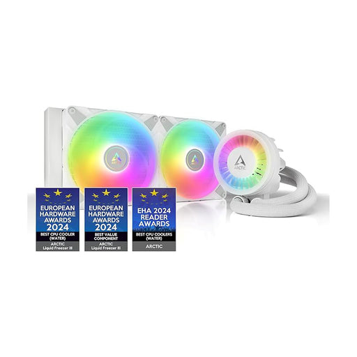 ARCTIC Liquid Freezer III 280 A‑RGB White 280mm AIO CPU cooler with 38mm radiator and VRM fan.