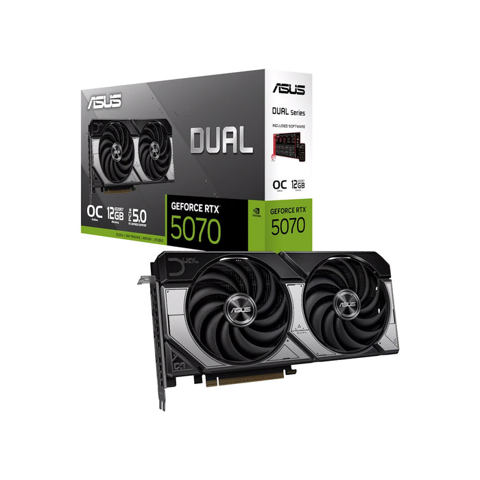 Asus GeForce RTX 5070 graphics card with packaging on a white background