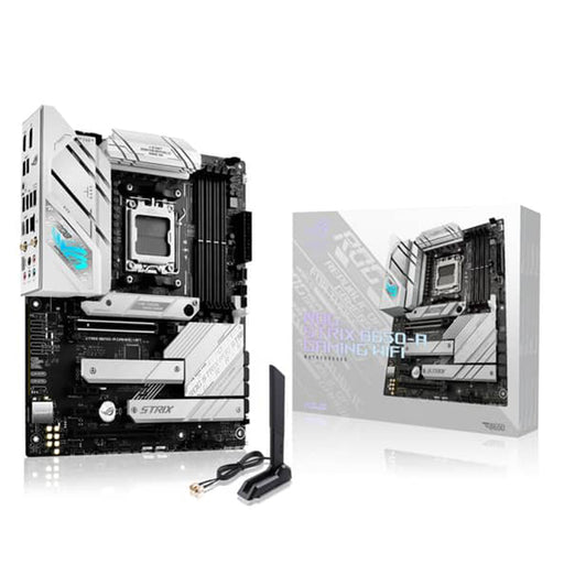 ASUS ROG Strix B650‑A Gaming WIFI ATX AM5 motherboard in white with DDR5 and Wi‑Fi 6E.