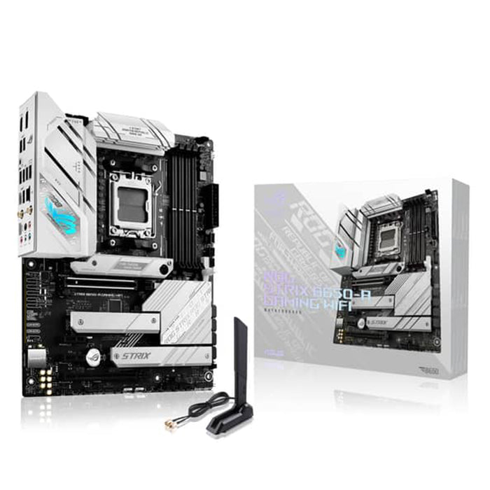 ASUS ROG Strix B650‑A Gaming WIFI ATX AM5 motherboard in white with DDR5 and Wi‑Fi 6E.