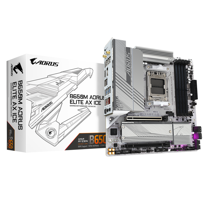 Gigabyte B650M AORUS ELITE AX ICE AM5 Micro‑ATX Motherboard – DDR5, PCIe 5.0, Wi‑Fi 6E