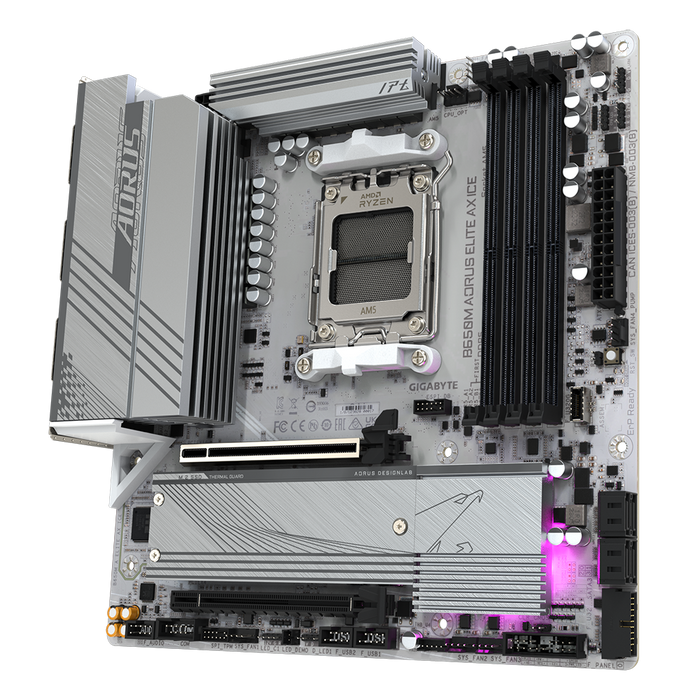 Gigabyte B650M AORUS ELITE AX ICE AM5 DDR5 Micro‑ATX motherboard.