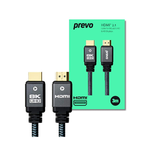 Two HDMI cables with 'prevo' branding and packaging on a white background