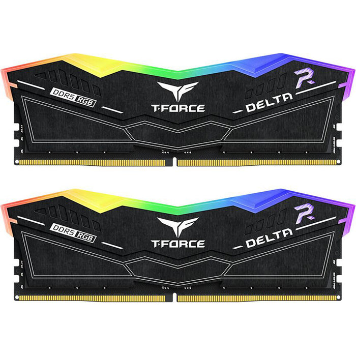 TeamGroup T‑Force Delta RGB DDR5 6400MHz 32GB (2×16GB) memory kit in black with RGB lighting.