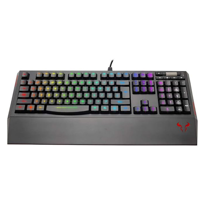 RIOTORO KR610 Ghostwriter Classic RGB membrane gaming keyboard with wrist rest.