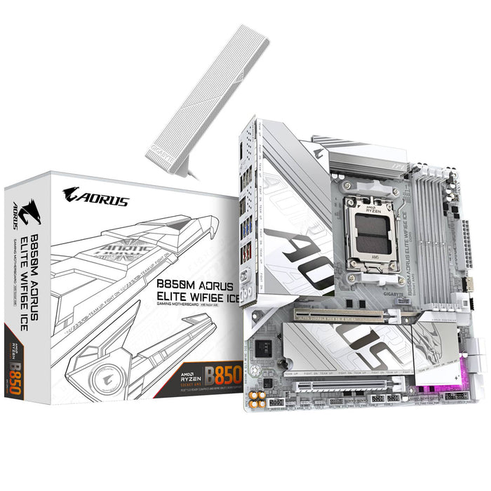 Gigabyte B850M AORUS ELITE WIFI6E ICE Micro‑ATX AM5 DDR5 motherboard.