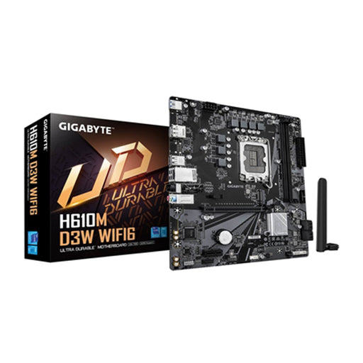 Gigabyte H610M D3W WiFi6 motherboard with packaging on a white background