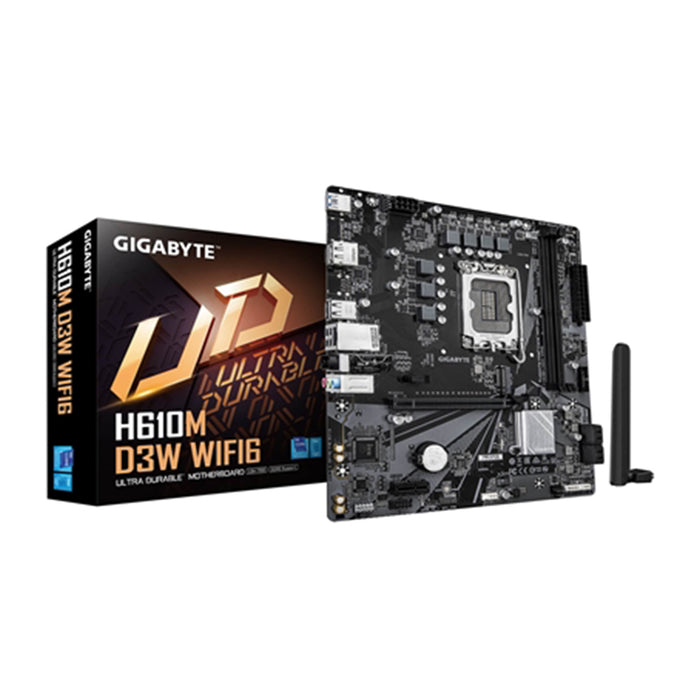 Gigabyte H610M D3W WiFi6 motherboard with packaging on a white background