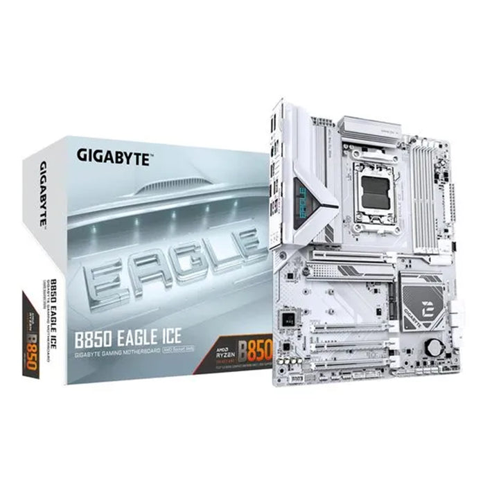 Gigabyte B850 EAGLE ICE AM5 DDR5 ATX motherboard in ICE‑white design.