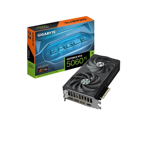 Gigabyte GeForce RTX 5060 Ti graphics card and packaging on a white background