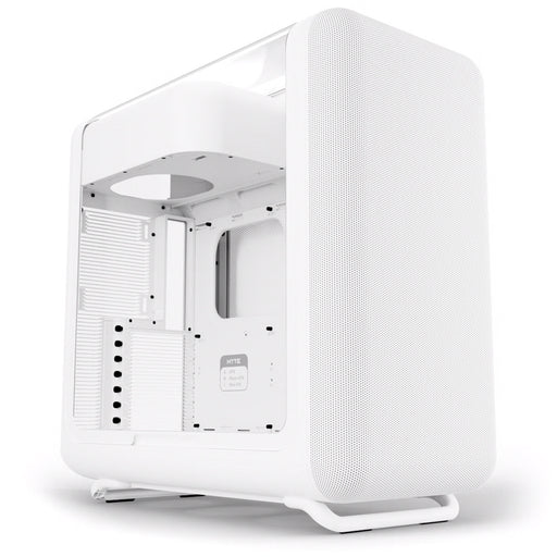 HYTE X50 Snow White high‑airflow mid‑tower PC case with micro‑mesh front panel.
