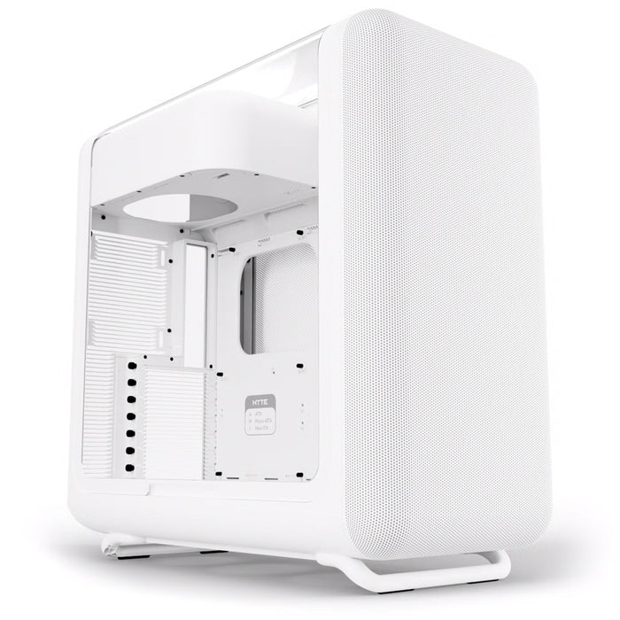 HYTE X50 Snow White high‑airflow mid‑tower PC case with micro‑mesh front panel.