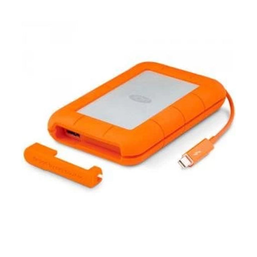 LaCie Rugged V2 Thunderbolt 1TB orange portable external hard drive.
