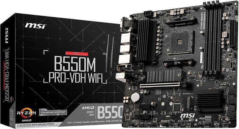 MSI B550M PRO‑VDH WIFI Micro‑ATX AM4 motherboard with Wi‑Fi and dual M.2 slots.