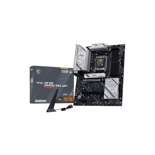 MSI MAG X870E Gaming Max WiFi AM5 ATX motherboard with DDR5 and PCIe 5.0.