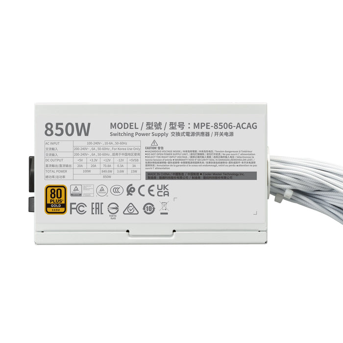 Cooler Master 850W MWE Gold V3 ATX 3.1 PSU, Fully Wired, HDB Bearing Fan, 80+ Gold, White