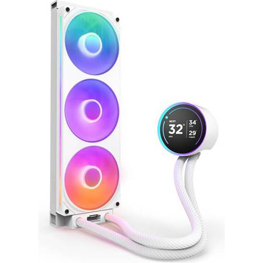 A white liquid CPU cooler with a tall triple-fan radiator and a round digital temperature display on a white background.