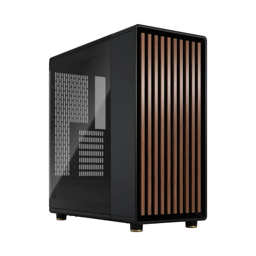 Fractal Design North Charcoal Black ATX PC case with walnut wood front and tempered‑glass side panel.