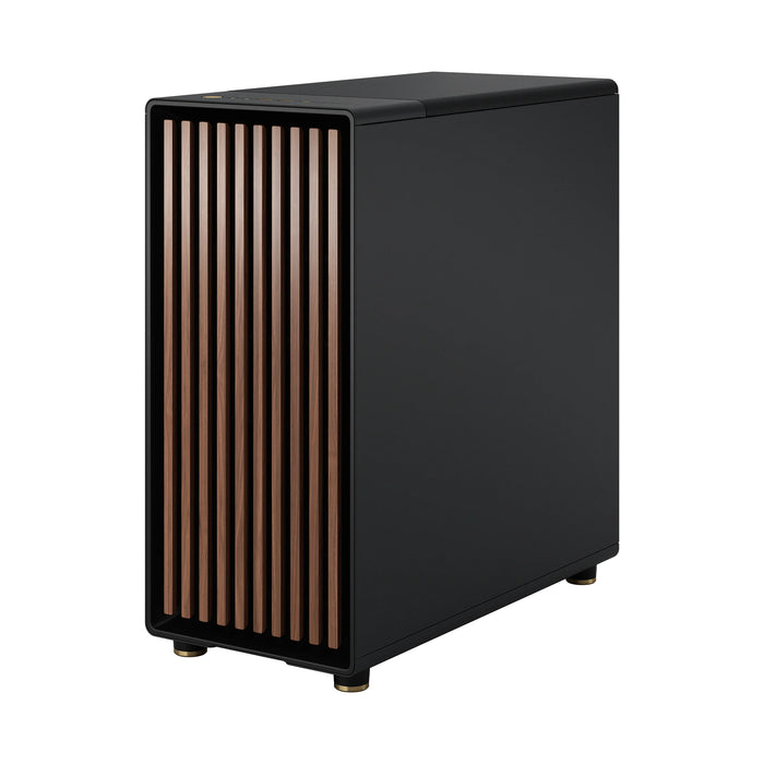Black electronic device with vertical slats on a white background