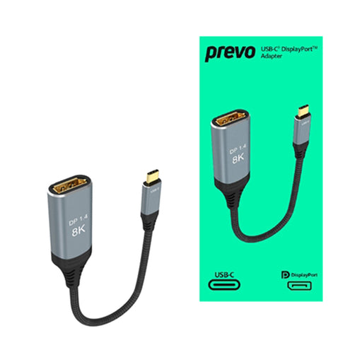 Prevo USB-C to DisplayPort adapter with packaging on a white background