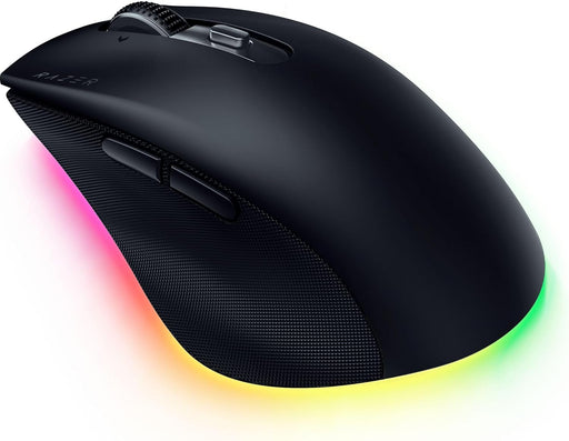 Black gaming mouse with RGB lighting on a white background