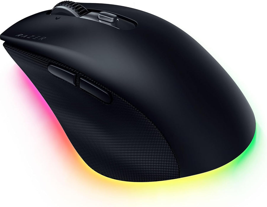 Black gaming mouse with RGB lighting on a white background